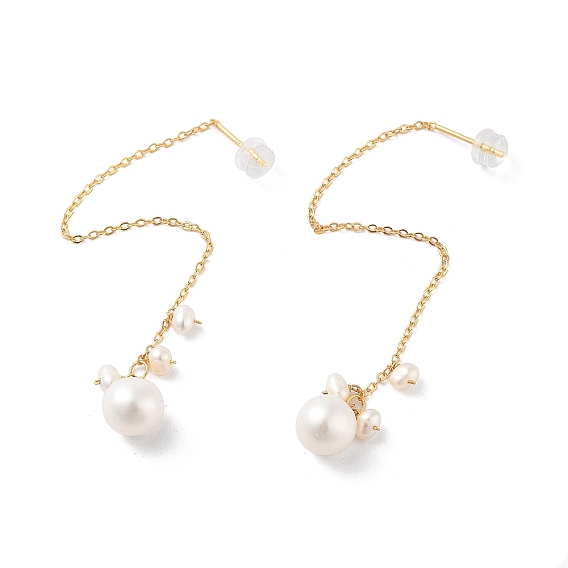 Round Natural Pearl Stud Earrings for Women, Sterling Silver Ear Thread