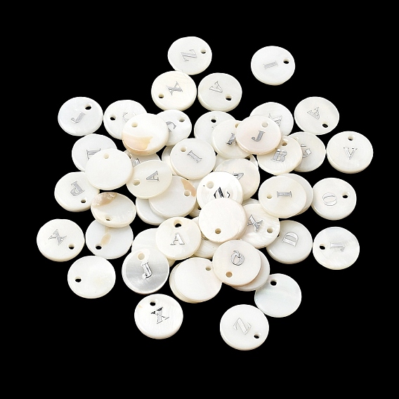 Natural Freshwater Shell Pendants, with Platinum Plated Iron Etched Metal Embellishments, Flat Round with Initial Letter, Alphabet, White