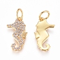 Brass Charms, with Micro Pave Cubic Zirconia and Jump Rings, Sea Horse, Clear