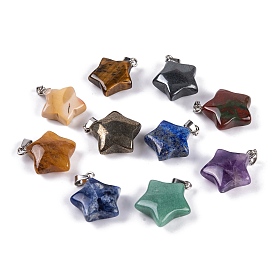 Natural Gemstone Pendants, Star Charm with 201 Stainless Steel Snap on Bails, Stainless Steel Color