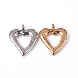 304 Stainless Steel Open Heart Pendants, Hollow, 31.5x26x5mm, Hole: 4mm