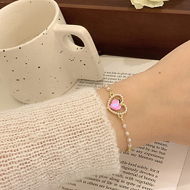 Peach Heart Pearl Bracelet with Sparkling Diamonds - Unique Design