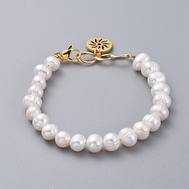 Natural Pearl Charm Bracelets, with Brass Twist Oval Links, 304 Stainless Steel Charms and Lobster Claw Clasps, with Cardboard Packing Box, Flat Round with Sun