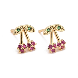 Hot Pink Cubic Zirconia Cherry Stud Earrings, Real 18K Gold Plated Brass Jewelry for Women, Cadmium Free & Lead Free