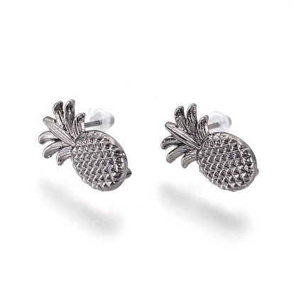 Brass Stud Earring Findings, with Plastic Ear Nuts and Loop, Long-Lasting Plated, Pineapple