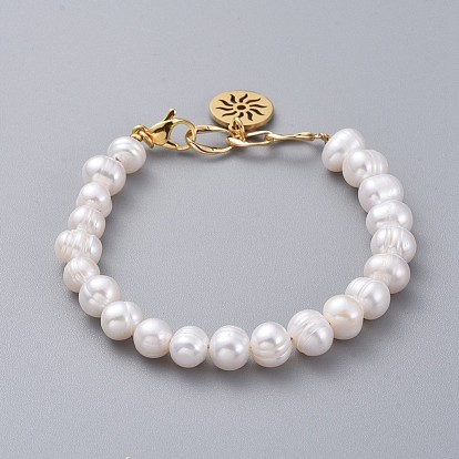 Natural Pearl Charm Bracelets, with Brass Twist Oval Links, 304 Stainless Steel Charms and Lobster Claw Clasps, with Cardboard Packing Box, Flat Round with Sun