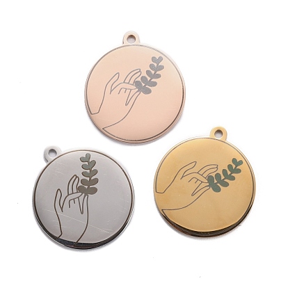 304 Stainless Steel Pendants, Flat Round with Hand & Grass