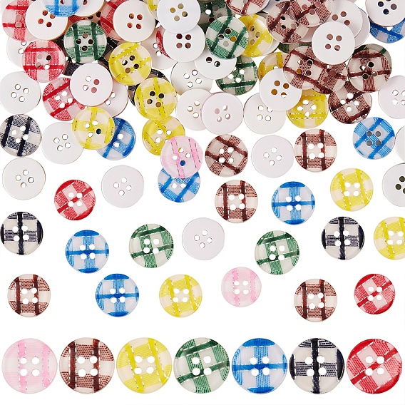 700Pcs 7 Colors Resin Buttons, 4-Hole, Flat Round with Tartan Pattern