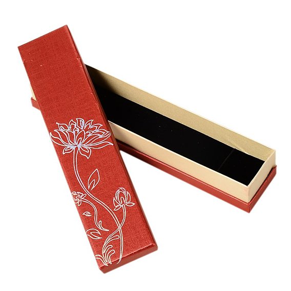 Rectangle Shaped Cardboard Necklace Boxes for Gifts Wrapping, with Flower Lotus Design, 224x49x36mm