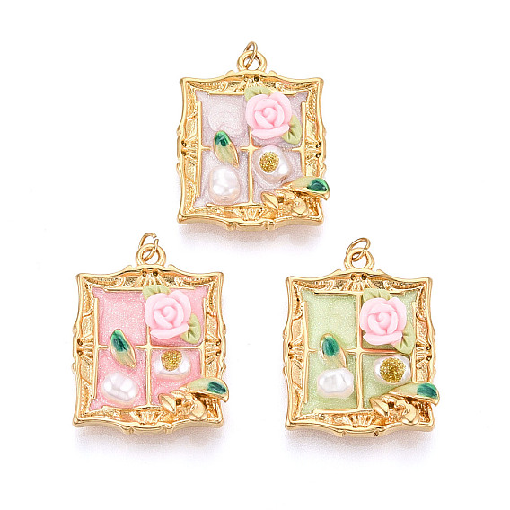 304 подвески из нержавеющей стали и эмалированной смолы с имитацией жемчужного блеска, Прямоугольник с цветком, с целью перехода в кольце, ионное покрытие (ip), реальный 18 k позолоченный