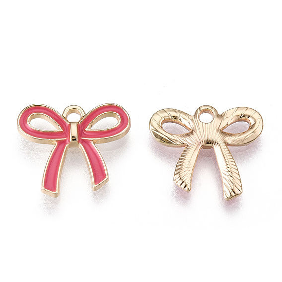 Light Gold Plated Alloy Pendants, with Enamel, Bowknot