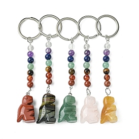 Dinosaur Natural Gemstone Keychain, with 7 Chakra Beads and Iron Key Rings, for Women Men Hanging Car Bag Charms