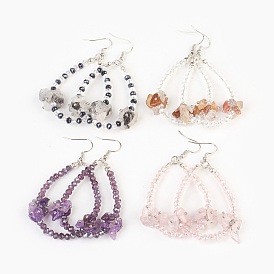Pierre naturelle Boucle d'oreille, avec des perles de verre à facettes et laiton boucle d'oreille crochets