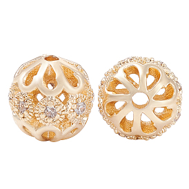 10Pcs Rack Plating Brass Micro Pave Clear Cubic Zirconia Beads, Long-Lasting Plated, Round with Flower