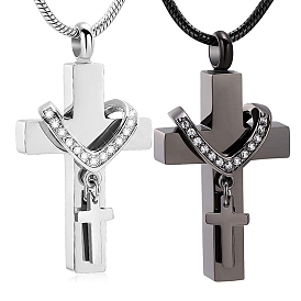 Stainless Steel Cremation Box Pet Memorial Pendant Necklaces, Crystal Rhinestone Cross Urn Ashes Pendants Necklaces for Women Men