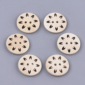 2-Hole Wood Buttons, Undyed, Flat Round with Flower