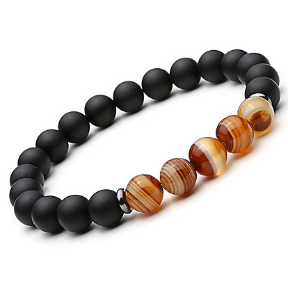 Matte Agate Stone Striped Bracelet Set with Black Magnetic Hematite Beads and Elastic Cord