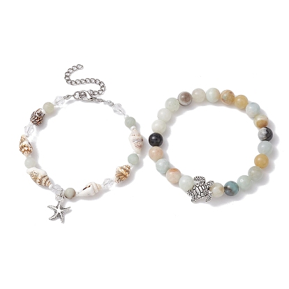 2Pcs 2 Style Natural & Synthetic Mixed Gemstone & Glass & Shell Stretch Bracelets with Tortoise, Stackable Bracelets with Alloy Starfish Charms