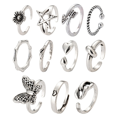 11 Style Adjustable Alloy Finger Rings, Heart & Arrow & Butterfly & Flower