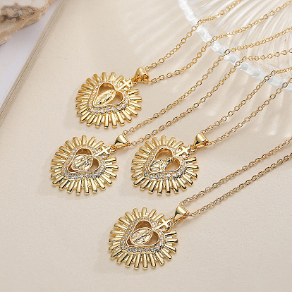 Женское ожерелье из латуни с микропаве в виде сердца из прозрачного кубического циркония и подвеской в виде Девы Марии.