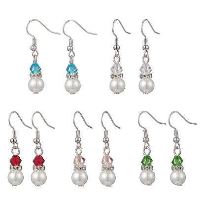 5 Pairs Round Glass Pearl & Glass Beads Dangle Earrings, with Brass Earring Hooks, Platinum