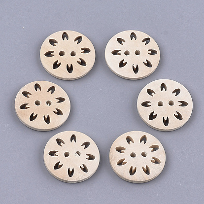 2-Hole Wood Buttons, Undyed, Flat Round with Flower