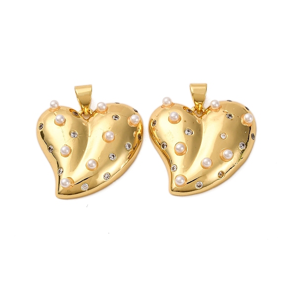 Латунные микро проложить кубического циркония подвески, сердце, с абс пластмассовой имитационной жемчужиной, без кадмия и без свинца, стойки покрытие, долговечный