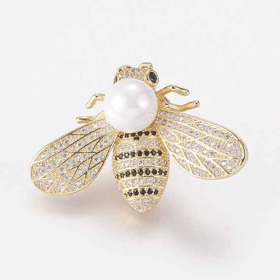 Messing Micro pave Zirkonia Broschen, mit Glasperlen, Bienen, nickelfrei und bleifrei und cadmiumfrei, golden