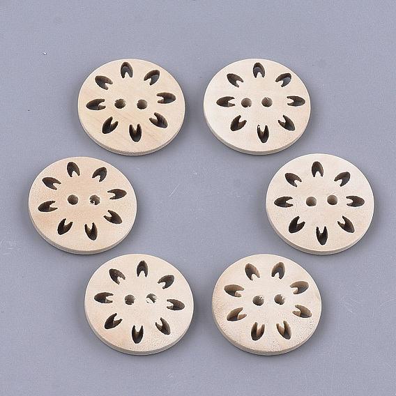 2-Hole Wood Buttons, Undyed, Flat Round with Flower