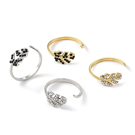 304 Stainless Steel Rhinestone Open Cuff Rings for Women, Leaf