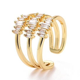 Three Line Cubic Zirconia Cuff Ring, Real 18K Gold Plated Brass Hollow Wide Open Ring for Women, Lead Free & Cadmium Free