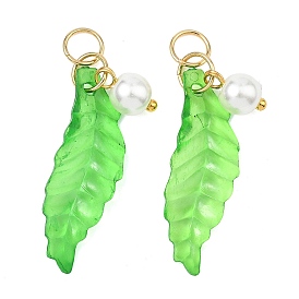 Pendentifs acryliques transparents , charmes de feuilles, avec des perles rondes en verre nacré peintes au four et des anneaux de jonction ouverts en acier inoxydable