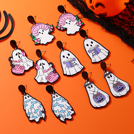 Jolies boucles d'oreilles à tige fantôme blanc, avec pierre tombale à tête de squelette thème Halloween