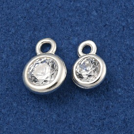 925 Sterling Silver Charms, with Clear Cubic Zirconia, Flat Round