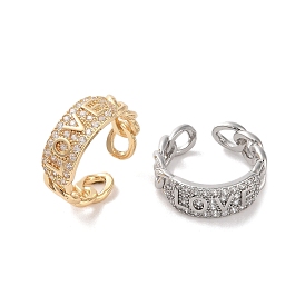 Brass Micro Pave Cubic Zirconia Open Cuff Rings, Word Love