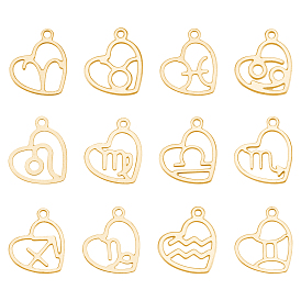 12Pcs 304 Stainless Steel Pendants, Laser Cut, Heart with Constellation