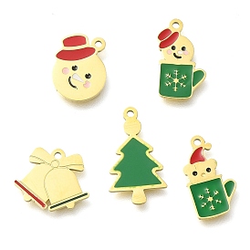 Christmas Themed Ion Plating(IP) 304 Stainless Steel Enamel Pendants, Real 14K Gold Plated, Christmas Bell/Tree/Snowman/Bear Charm