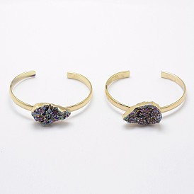 Natural Druzy Crystal Cuff Bangles, with Golden Plated Brass Finding, Drop