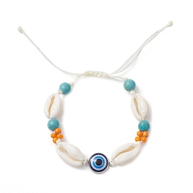 Bracelets de coquillages de plage d'été et de perles tressées turquoise synthétiques, Bracelets réglables à paillettes contre le mauvais œil pour femmes et hommes