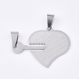 201 inoxydable pendentifs fendus en acier, pendentifs devis, coeur et clé avec mot