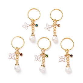 Acrylic Pearl Pendants Keychain, with 201 Stainless Steel Rhinestone Charms and Flower, for Keychain, Purse, Backpack Ornament