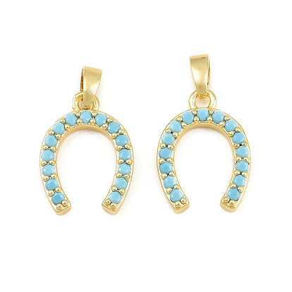 Pendentifs en laiton sertis de micro-pavés de zircon cubique bleu ciel clair, charmes de fer à cheval