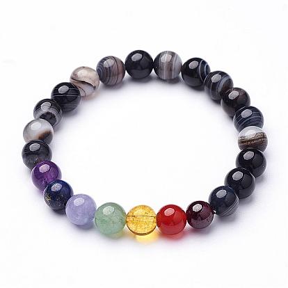 Natural Striped Agate/Banded Agate Beaded Stretch Bracelets, with Other Mixed Gemstone Beads