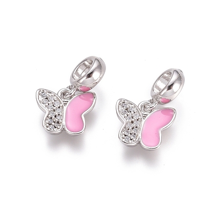 Brass Micro Pave Cubic Zirconia European Dangle Charms, with Pink Enamel, Large Hole Pendants, Cadmium Free & Lead Free, Butterfly