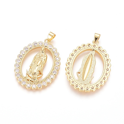 Brass Micro Pave Clear Cubic Zirconia Pendants, Lady of Guadalupe Charms, Long-Lasting Plated, Oval with Virgin Mary
