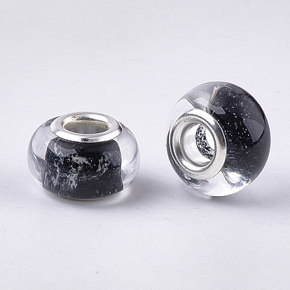 Resin European Beads, Large Hole Beads, with Glitter Powder and Platinum Tone Brass Double Cores, Rondelle