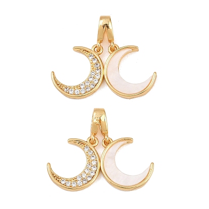 Подвески из латуни с микропаве из прозрачного кубического циркония и синтетической раковиной, амулеты «Двойная луна»
