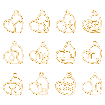 12Pcs 304 Stainless Steel Pendants, Laser Cut, Heart with Constellation