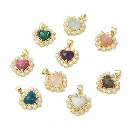 Natural Gemstone Pendants, Faceted Heart Charms, with Ion Plating(IP) Brass Findings and Plastic Beads, Real 14K Gold Plated