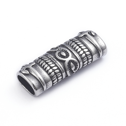 Retro 304 Stainless Steel Slide Charms/Slider Beads, for Leather Cord Bracelets Making, Rectangle with Leaf Pattern